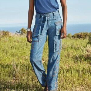 Johnny Was Biya Aventura Embroidered Cargo Denim Pants